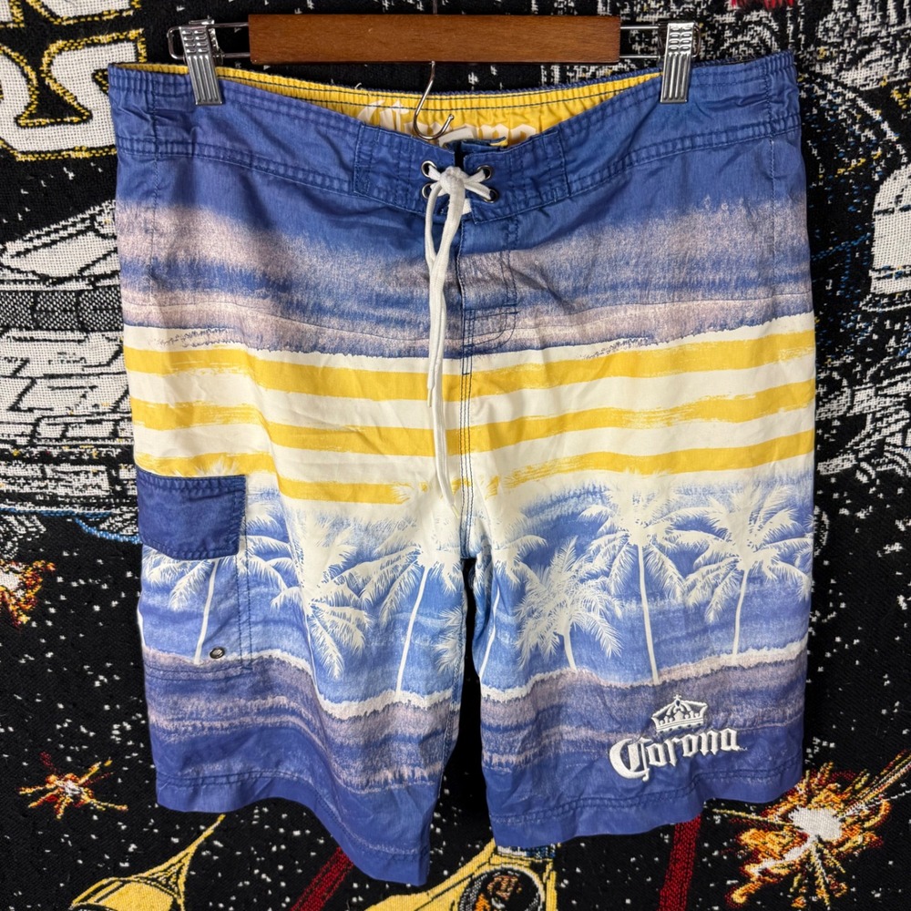 Corona Extra Board Shorts Mens Blue Yellow Tropical Palm Tree Swim Trunks L